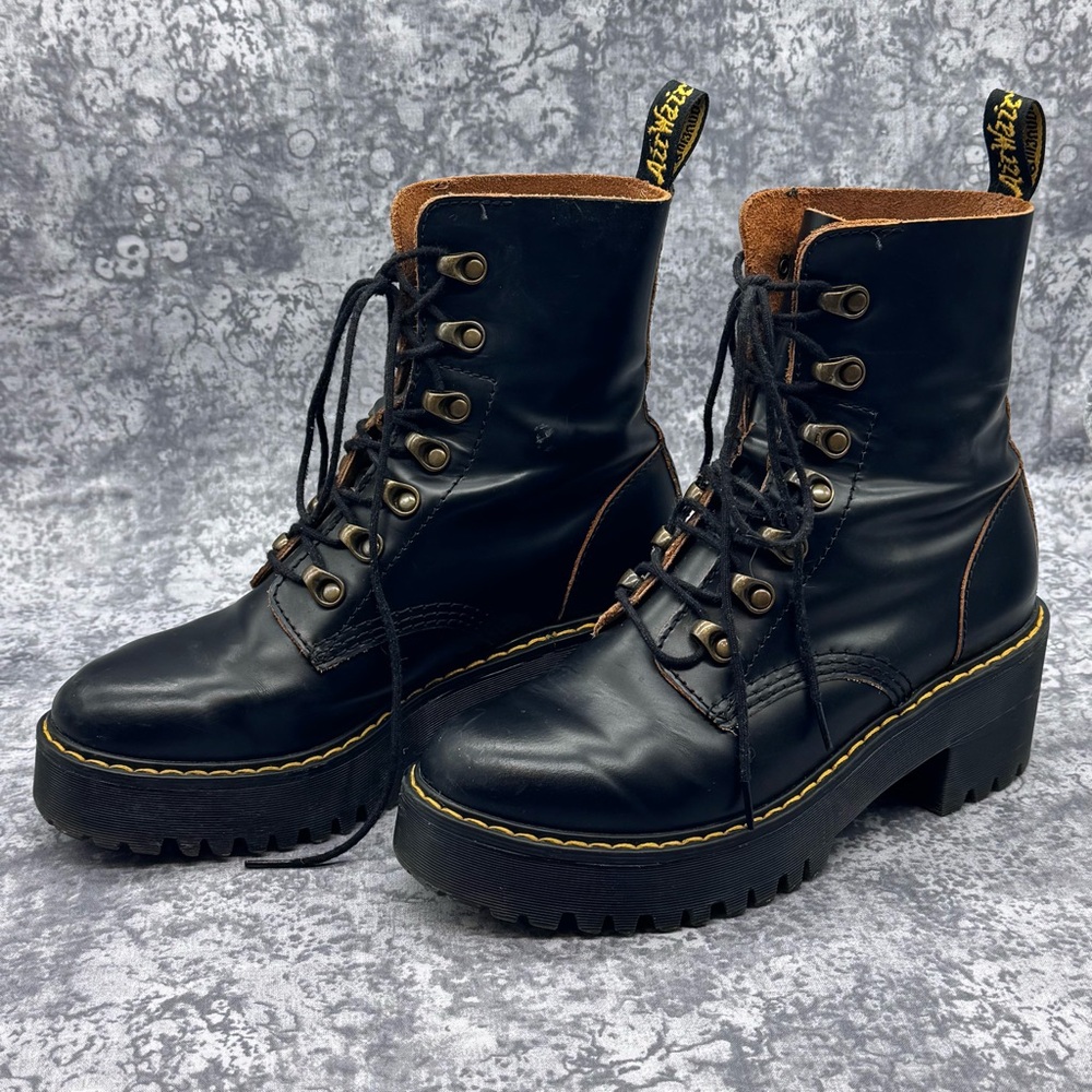 Dr. Martens Black Leather Platform Boots (Leona) - Picture 2 of 9